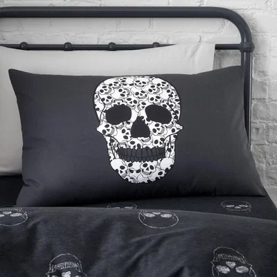 Dunelm Catherine Lansfield Skulls Reversible Duvet Cover & Pillowcase Set Grey