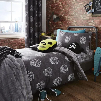 Dunelm Catherine Lansfield Skulls Grey Single Duvet Cover and Pillowcase Set Grey
