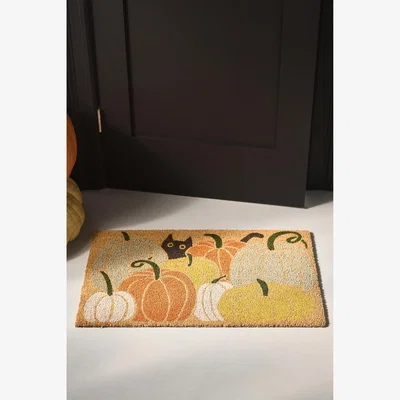 Anthropologie Black Cat in a Pumpkin Patch Printed Coir Doormat