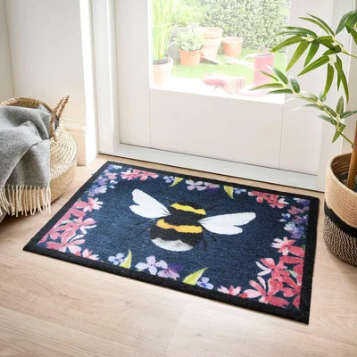 Dunelm Marvel Floral Bee Washable Doormat MultiColoured