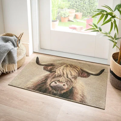Dunelm Marvel Highland Cow Washable Doormat Natural