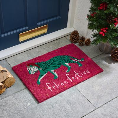 Dunelm Feline Festive Coir Outdoor Doormat MultiColoured