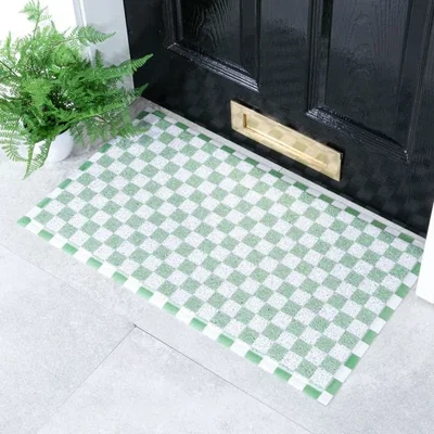Dunelm Artsy Mats Green Check Indoor Outdoor Doormat