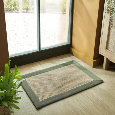 Dunelm Herringbone Jute Border Doormat Herringbone Border Green
