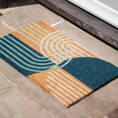 Dunelm Cedar & Sage Abstract Design Coir Doormat Blue/Yellow/White