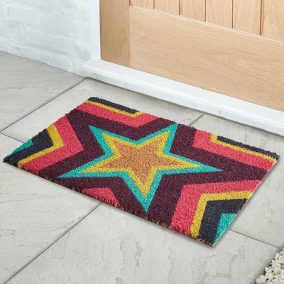 Dunelm Neon Star Coir Doormat Green/Red/Yellow