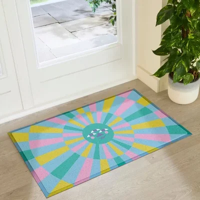 Dunelm Artsy Mats Elizabeth Olwen Blue Sun Face Indoor Outdoor Doormat