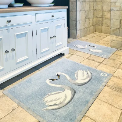 Hug Rug Swan 1 Blue Washable Bath Mat
