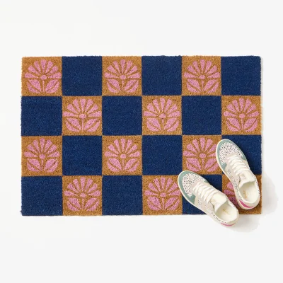 Oliver Bonas Blue Chequerboard Floral Doormat