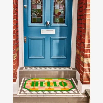 Oliver Bonas Hello Green & Pink Tiled Doormat