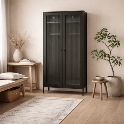 The Range Sattek 2 Door Matt Steel Wardrobe with Reeded Glass - Black