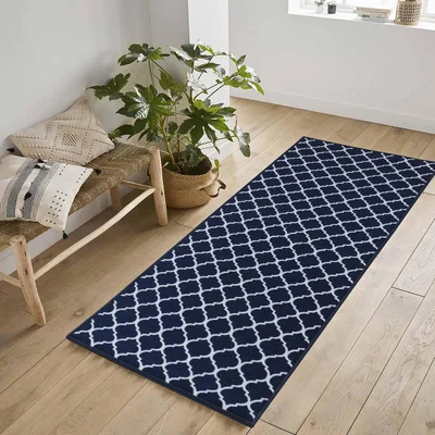 The Range Machine Washable Trellis Design Anti Slip Doormats - Runners - Navy / 80x300 cm Runner