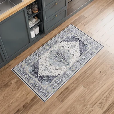 The Range Washable Door Mat Navy Blue Vintage Short Pile Non-Slip Rug - Teal and Multi / 110cm