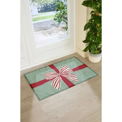 The Range Red  White Stripe Bow Large Doormat - Green