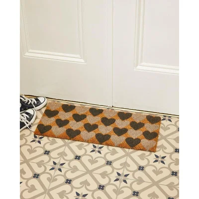 The Range Astley Printed Step Mat with PVC Backing 25 x 60cm Hearts - Brown