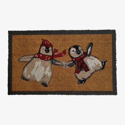 The Rug Seller Christmas Dancing Penguins Coir Doormat in Natural