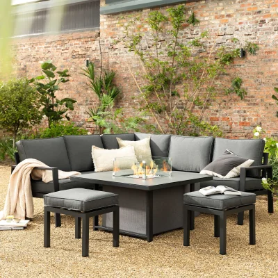 Barker and Stonehouse Fierza Corner Sofa Set with Rising Firepit Dining Table, Aluminium, Grey | Barker & Stonehouse
