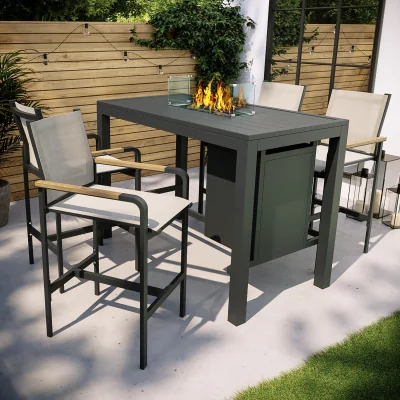 Furniture123 4 Seater Grey Metal Garden Bar Table Set with Fire Pit - Como