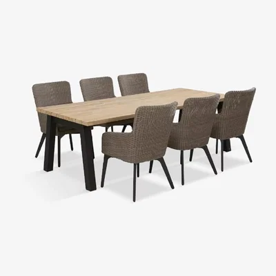 John Lewis 4 Seasons Outdoor Luxor 6-Seater Teak Wood Garden Table & Chairs Set, Polyloom Pebble