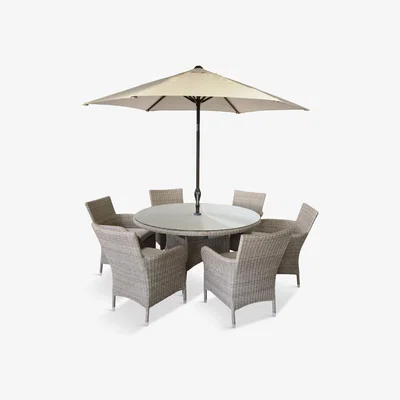John Lewis LG Outdoor Monaco 6-Seat Round Garden Dining Table & Armchairs Set with Parasol