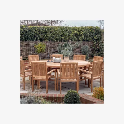 John Lewis Gallery Direct Plowden 12-Seater Round Teak Wood Garden Dining Table with Lazy Susan, 200cm, Natural