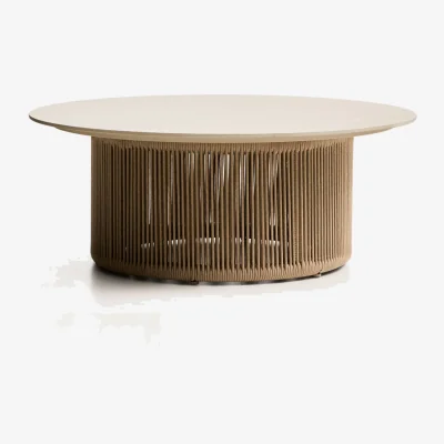 Kave Home Orosei outdoor coffee table in sintered stone, ecru aluminium and beige rope Ø 90 cm