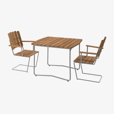 Nordic Nest Grythyttan Stålmöbler B31 table 92 cm + 2 A2 armchairs teak–hot-dip galvanized frame