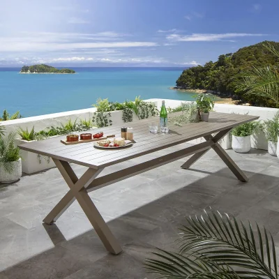 Quatropi Modern 10 Seat Outdoor Garden Dining Table Cross X-Leg Metal Beige 260cm