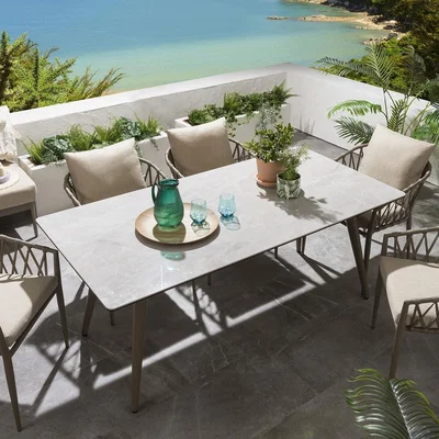 Quatropi Modern Ceramic Garden Table Beige Aluminium 6 Seater 180x90cm