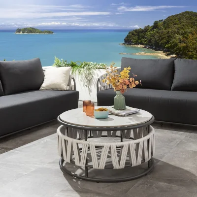 Quatropi Modern Round Outdoor Garden Coffee Table White Grey Aluminium 85cm