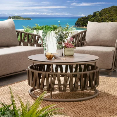 Quatropi Modern Round Outdoor Garden Coffee Table Brown Aluminium 80cm