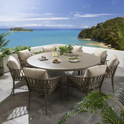 Quatropi Large Round Outdoor Dining Set 8 Seater Beige Garden Table and Chairs