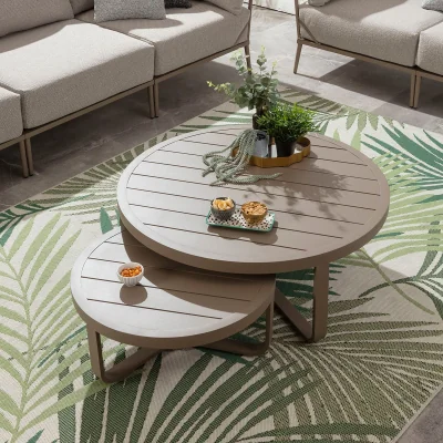 Quatropi Round Nesting Outdoor Garden Coffee Table Set of 2 Beige Aluminium 102cm & 68cm