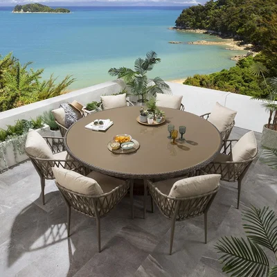 Quatropi 8 Seater XL Garden Table And Chairs Beige Dining Set | Round Rattan