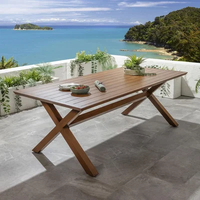 Quatropi Outdoor Garden Dining Table Cross Leg Metal Oak Wood Effect 8 Seat 220cm