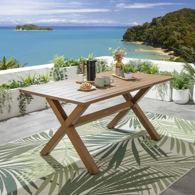 Quatropi Modern Garden Dining Table Cross Leg Metal Oak Wood Effect 6 Seat 160cm