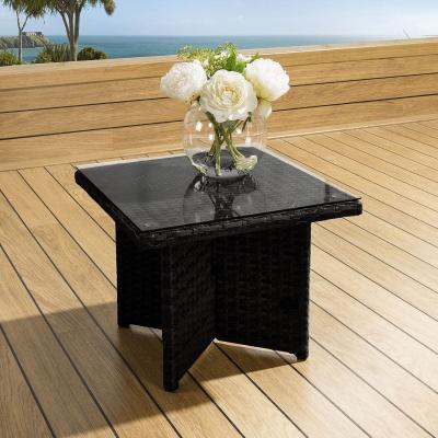 Quatropi Luxury Outdoor Garden Square End Coffee Table Black Rattan Clear Glass Crane