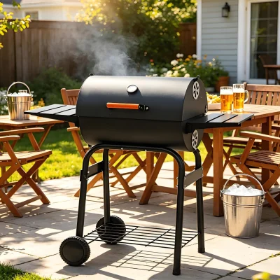 The Range Large Charcoal BBQ Barrel Grill Smoker Thermometer Side Table Wheels Outdoor - Black