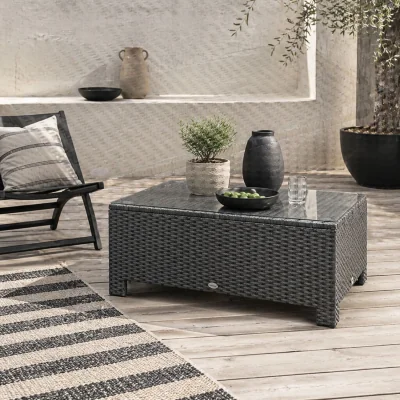 The Range Niyo Black Rattan Rectangular Outdoor Coffee Table with Tempered Glass Top