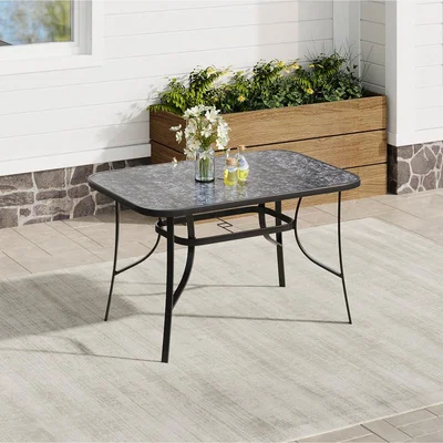 The Range Marble Effect Tempered Glass Garden Table with Parasol Hole - Black