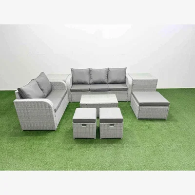 The Range Fimous 8-Seater PE Rattan Wicker Garden Furniture Set with Rectangular Coffee Table. - Light grey PE rattan with dark grey fabric