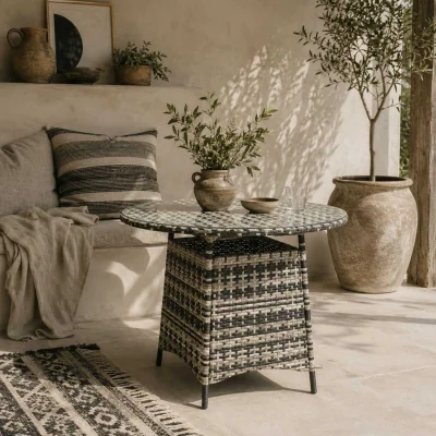 The Range Viveke Rattan Grey Outdoor Coffee Table with Tempered Glass Top and Parasol Hole