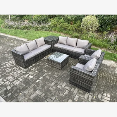 The Range 9-Seater Dark Grey Mixed Rattan Garden Furniture Set with Coffee Table and Footstool. - Dark Grey Mixed