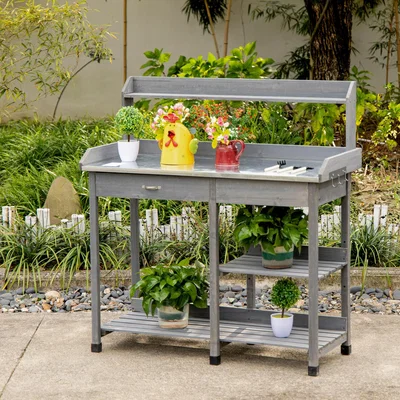 The Range Garden Potting Table, Wooden Workstation Bench - Grey