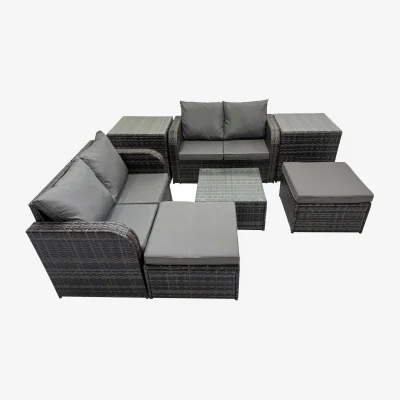 The Range Fimous PE Rattan Garden Furniture Set - 6 Seats, Tempered Glass Coffee Table, Dark Grey Mixed. - Dark Grey Mixed rattan with dark grey fabric