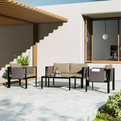The Range Outsunny 4 Piece Garden Furniture Set Tempered Glass Coffee Table - Khaki