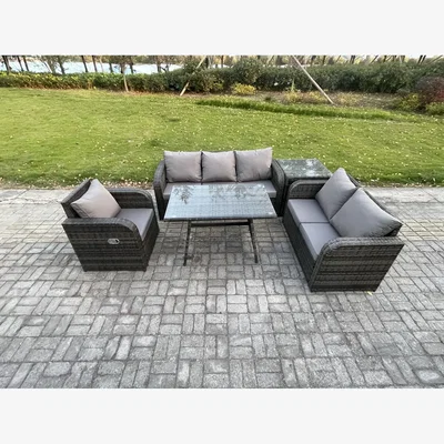 The Range Fimous 6-Seater Outdoor Rattan Furniture Set with Dining Table & Coffee Table Dark Grey - Dark grey mixed rattan with dark grey fabric
