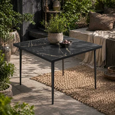 The Range Zive 4-Seater Black Steel Square Outdoor Dining Table, Marble-Effect Glass Top
