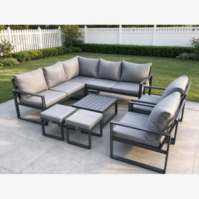 The Range 9 Seater Outdoor Aluminium Garden Furniture Set Square Coffee Table 2 Stools
