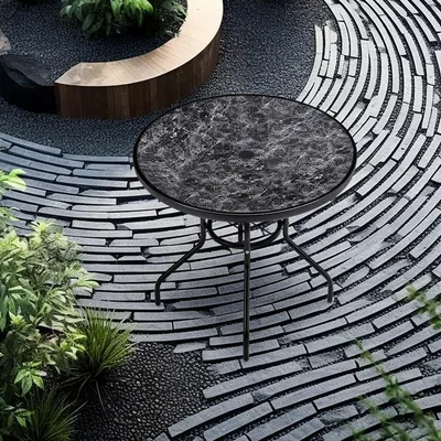 The Range Round Tempered Glass Marble Garden Table - Black